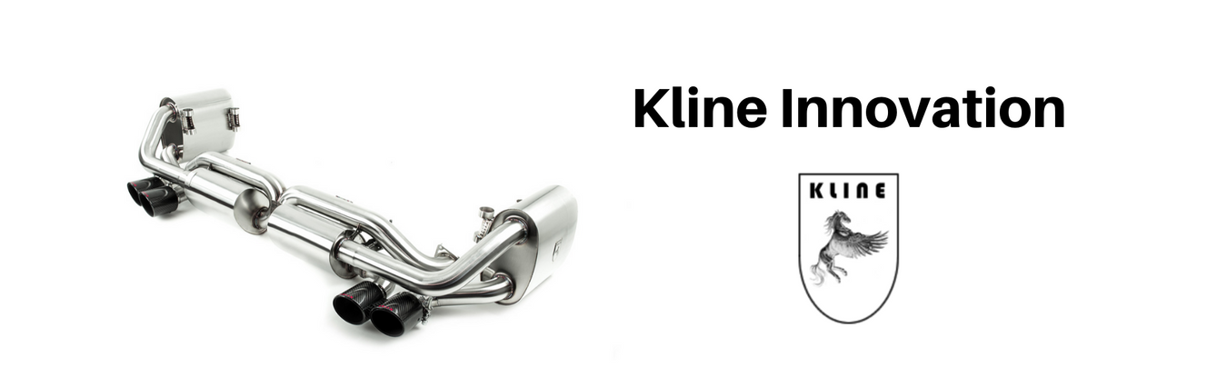 Kline Innovation logo showcasing ultra-lightweight Inconel and titanium Porsche exhaust systems engineered for 911, 718, and GT models, available through Flat 6 Motorsports.