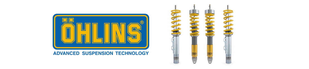 Öhlins logo with Porsche coilover suspension and Road & Track systems engineered for 911, 718, and Turbo models, available through Flat 6 Motorsports.