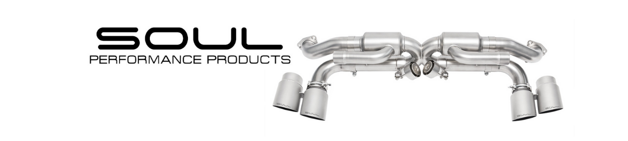 Soul Performance Products logo with stainless steel Porsche exhaust systems, including valved exhausts and high-flow downpipes, engineered in partnership with Flat 6 Motorsports.